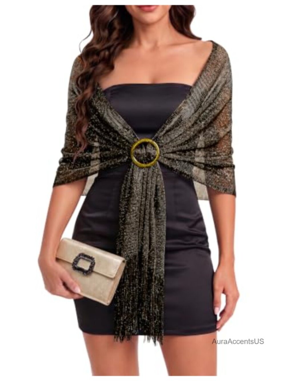 Evening Dresses Metallic Glitter Shawl Wrap with Buckle & Tassels